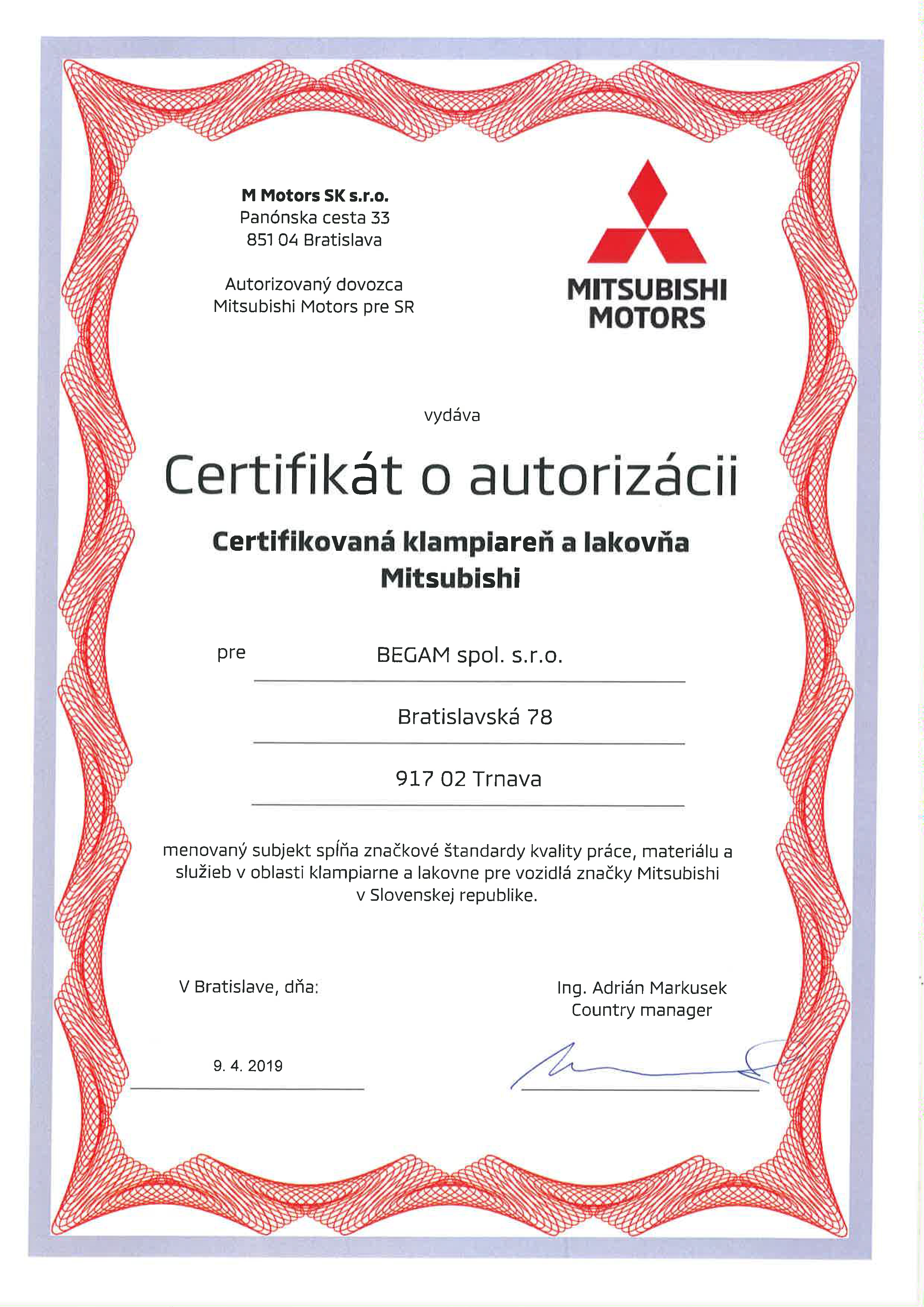 Certifikat Mitsubishi pre Begam klampiaren a lakovňu